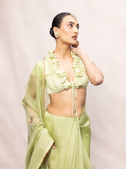 Handwoven Pistachio Green Kora Banarasi Saree