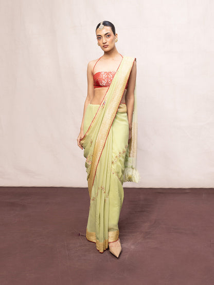 Handwoven Pistachio Green Chiffon Banarasi Saree