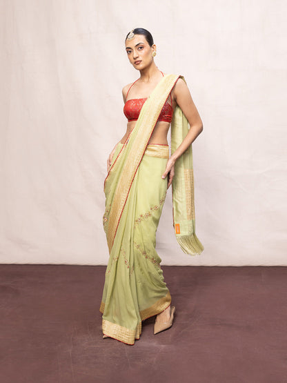 Handwoven Pistachio Green Chiffon Banarasi Saree