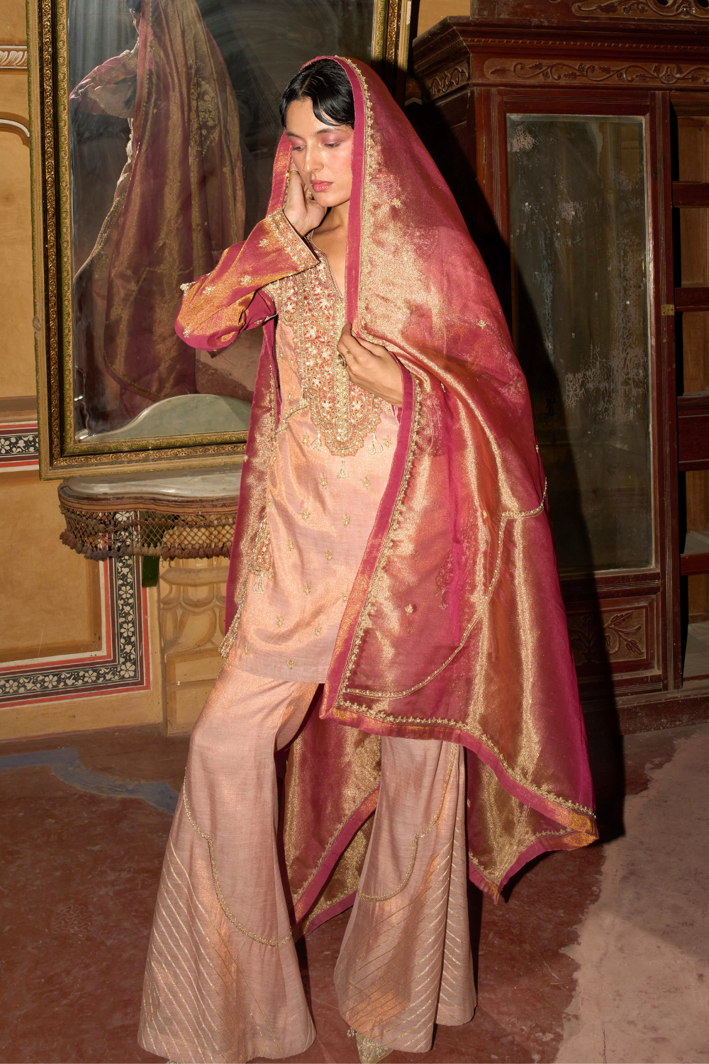 Rose pink short kurta with bell bottom pants