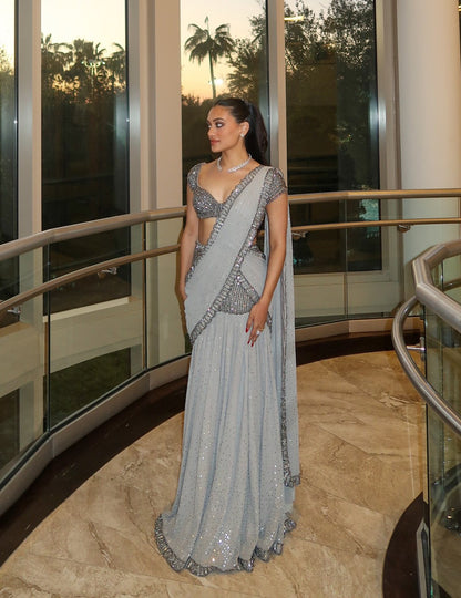 JULLY In Maya Crystal Grey Pre Draped Saree Set