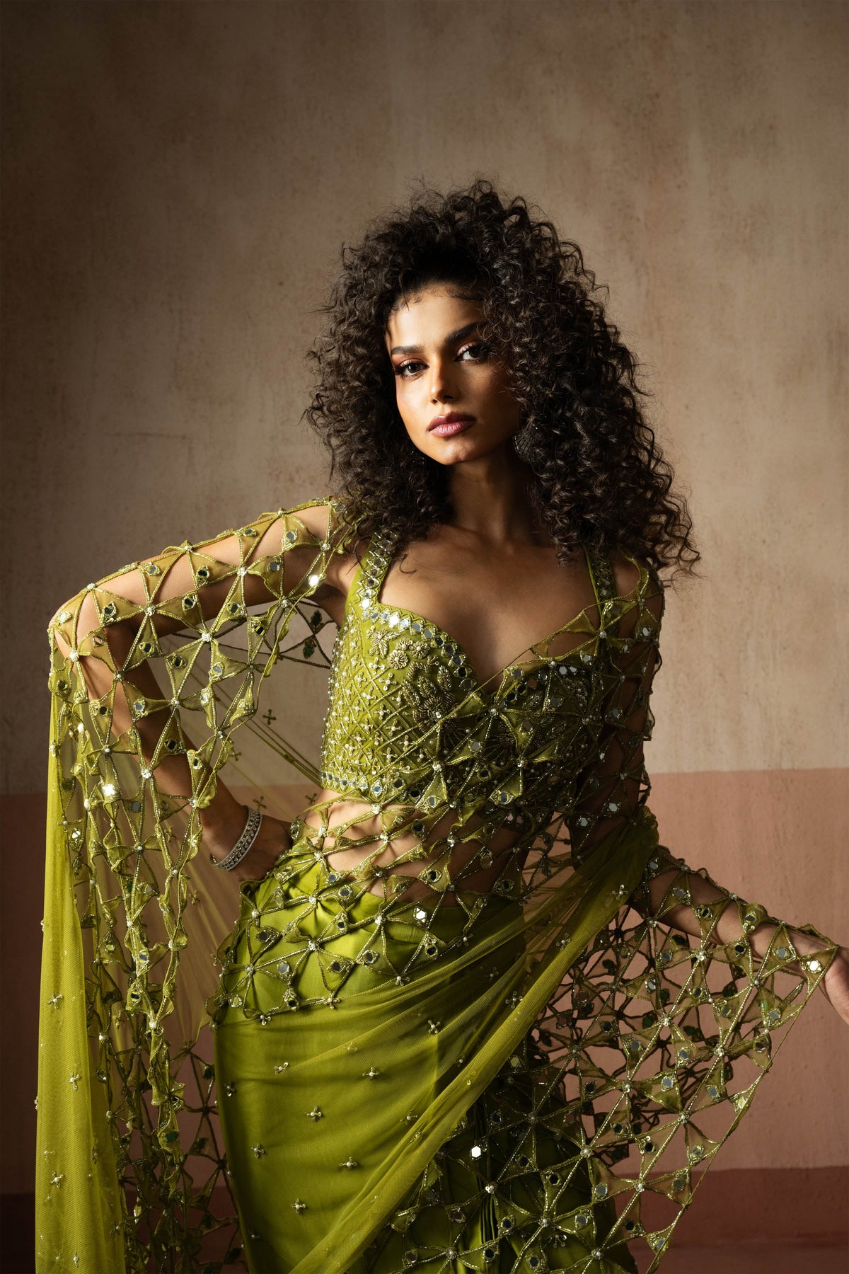 Predraped, Mehendi Green, Hand Embroidered Net & Satin Saree
