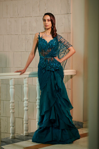 Teal Cascade saree