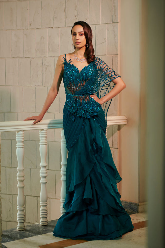 Teal Cascade saree