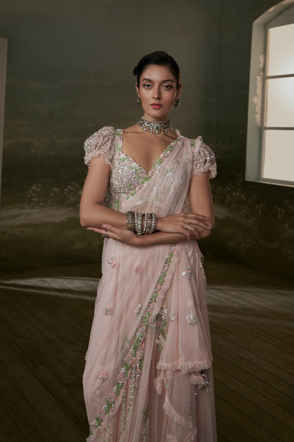 Amna Sharif In Rose Pink Pre-draped  Saree With Trail