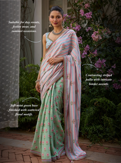 Rava Lawn Printed Green Saree