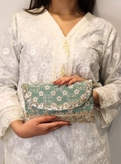 Mulmul Charkha Teal Blue Envelope Pouch Bag