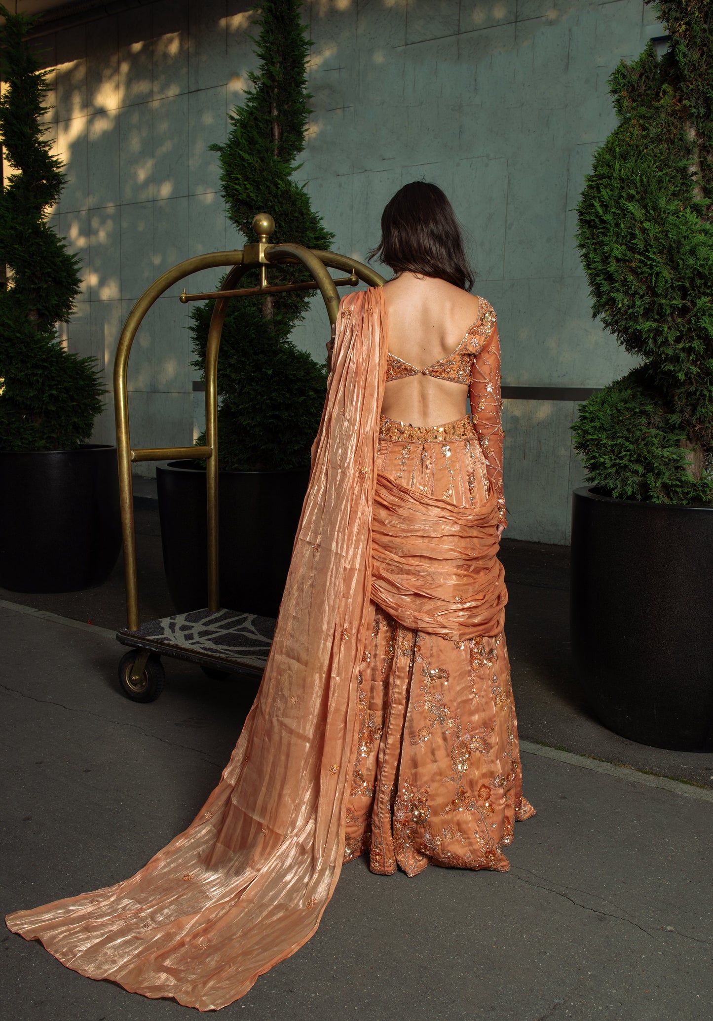 Orange Pre draped saree lehenga