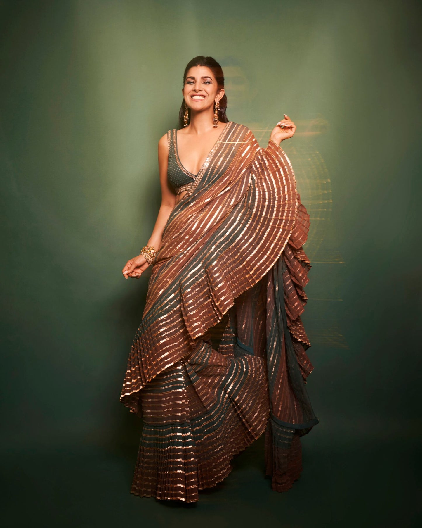 NIMRAT KAUR In Gota Pre Draped Mud Green Multi Color Saree Set