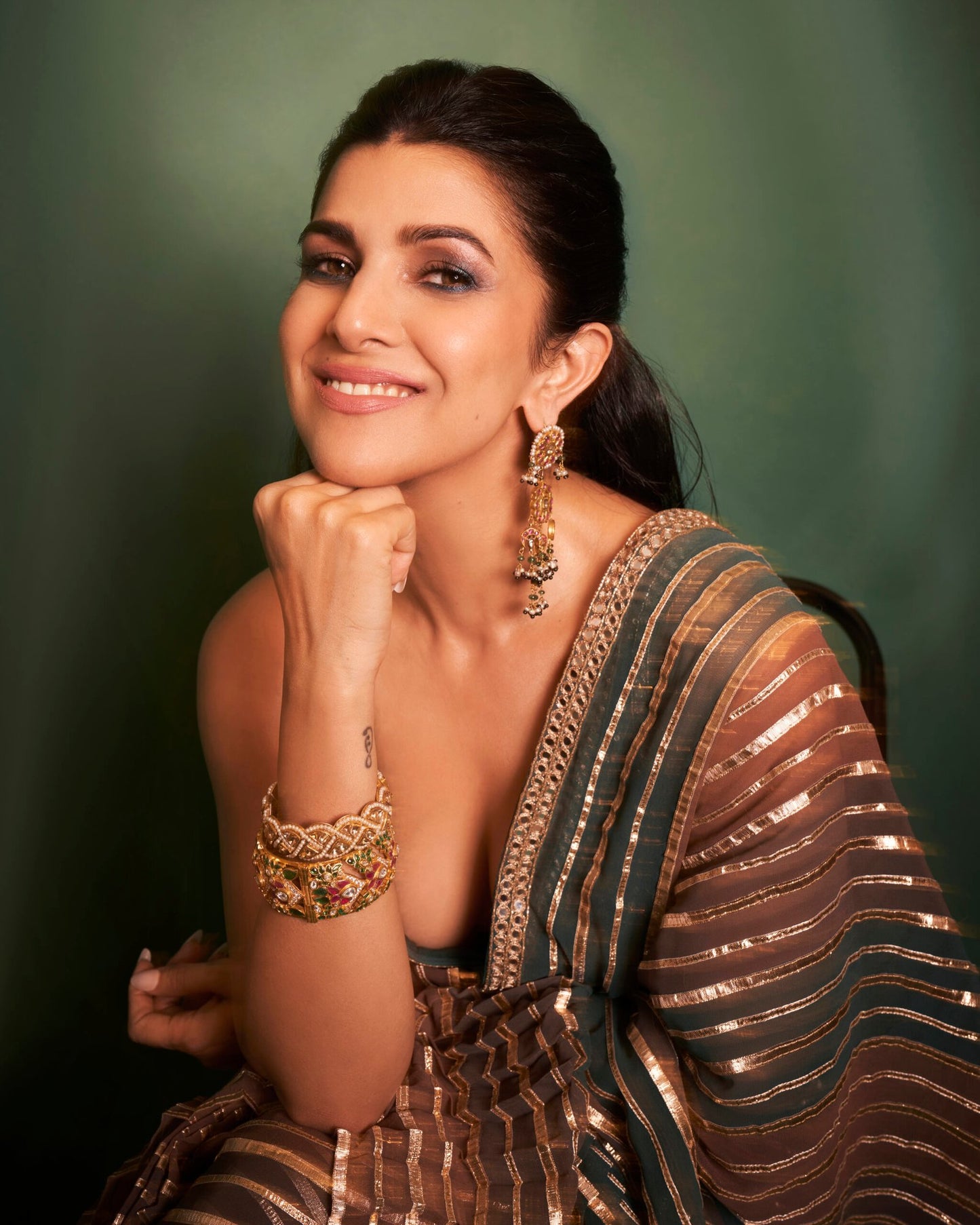 NIMRAT KAUR In Gota Pre Draped Mud Green Multi Color Saree Set