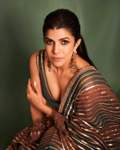 NIMRAT KAUR In Gota Pre Draped Mud Green Multi Color Saree Set