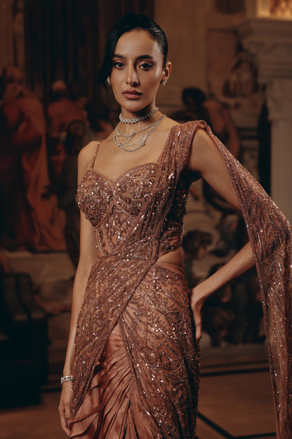 ROSE GOLD DRAPED RUFFLE SAREE