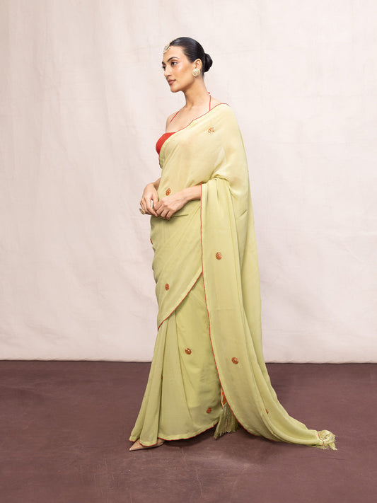 Handwoven Pistachio Green Georgette Embroidered Saree