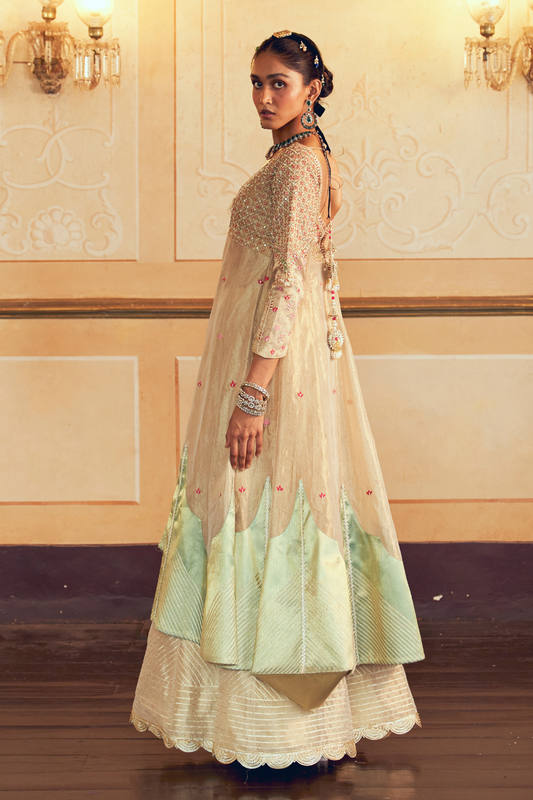 Pearl ivory silk zari tissue jacket with sharara and Dupatta