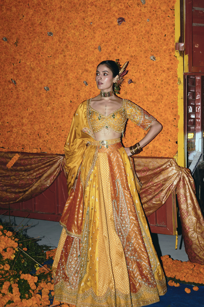 Yellow and Ochre Silk Banarsi Lehenga Set