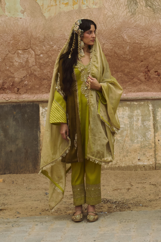 Mint & olive green short kurta with straight pants