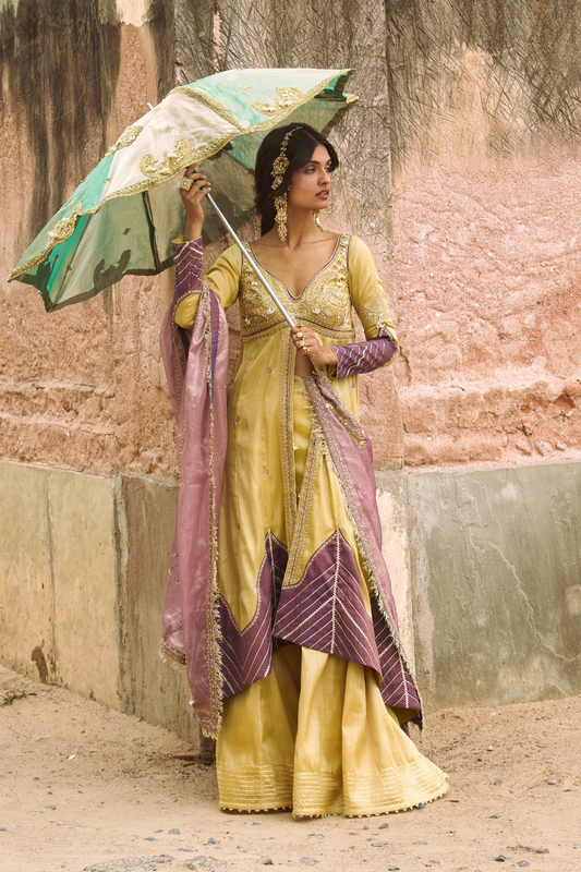 Lemon Yellow tissue jacket with sharara and dupatta