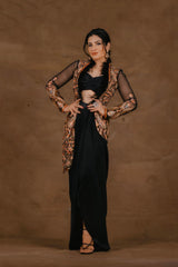 Women's Embroidered Black Sleeved Jacket Set