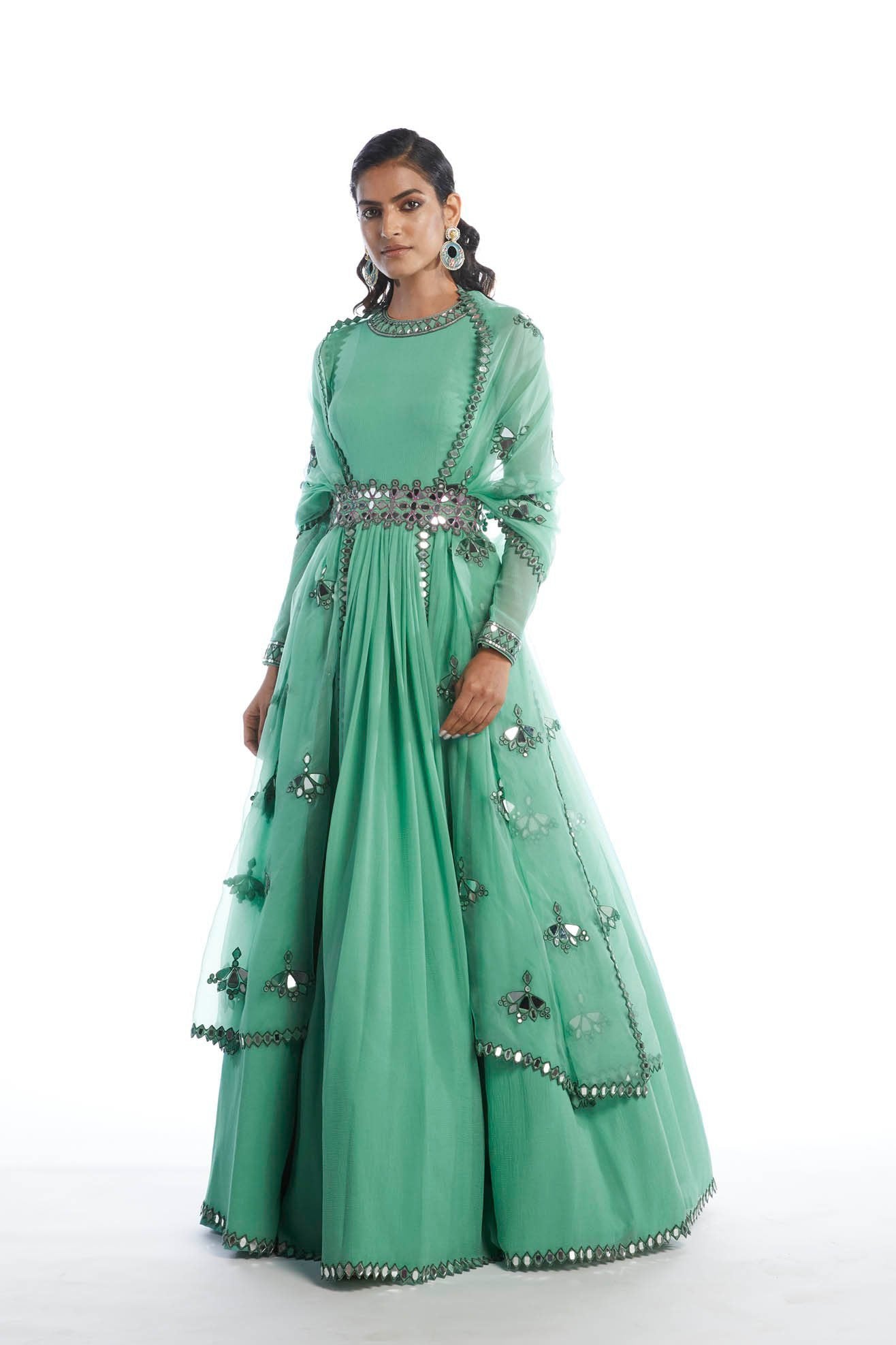 Dull Mint chiffon Anarkali set