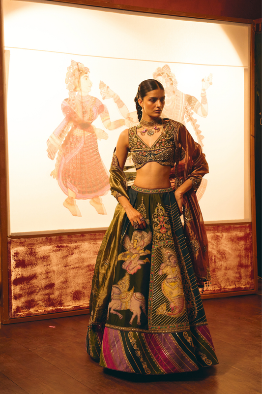 Divyakatha Teal Patch Work Lehenga With Tissue Duppata Set