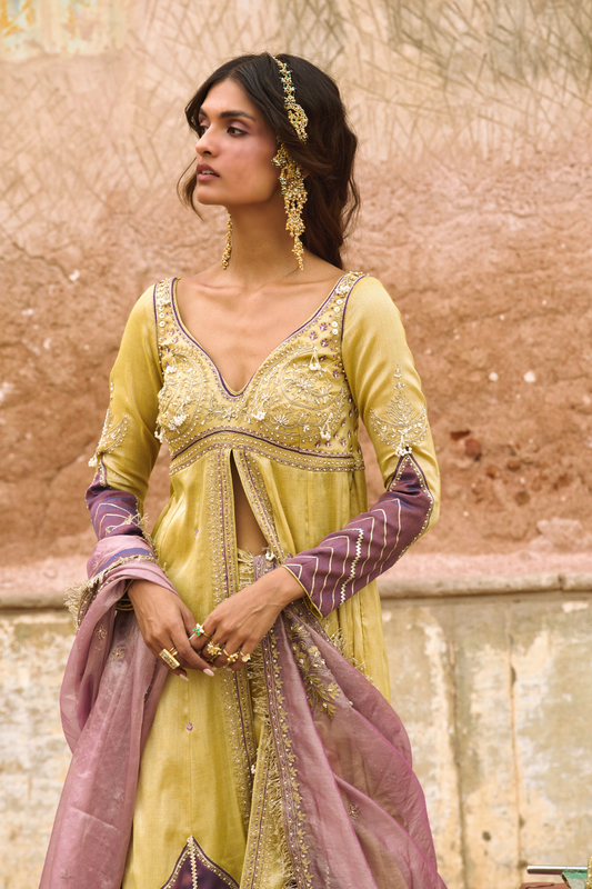 Lemon Yellow tissue jacket with sharara and dupatta