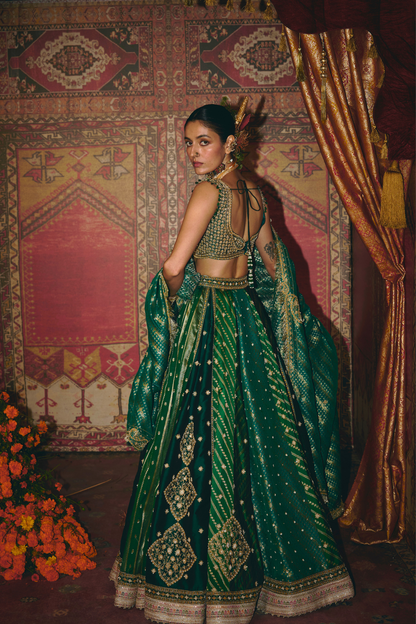 Green and Teal Silk Banarsi Lehenga Set