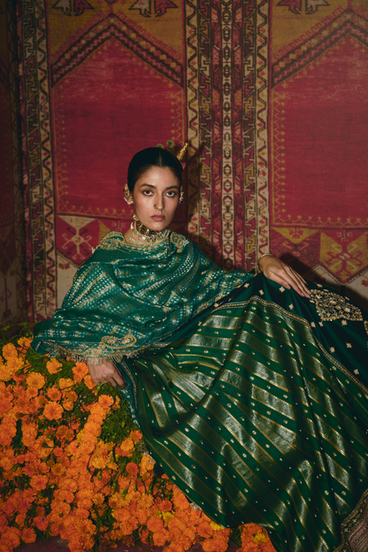 Green and Teal Silk Banarsi Lehenga Set