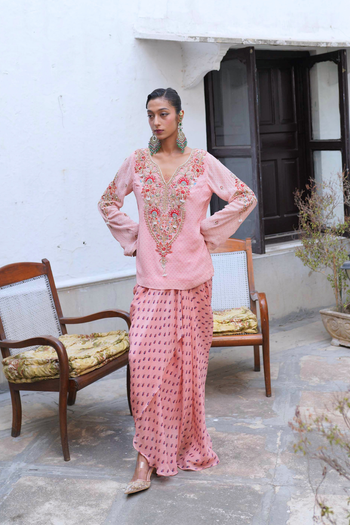 Soft pink kurta with dhoti drape set
