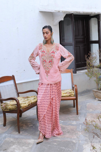 Soft pink kurta with dhoti drape set