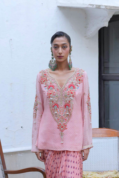 Soft pink kurta with dhoti drape set