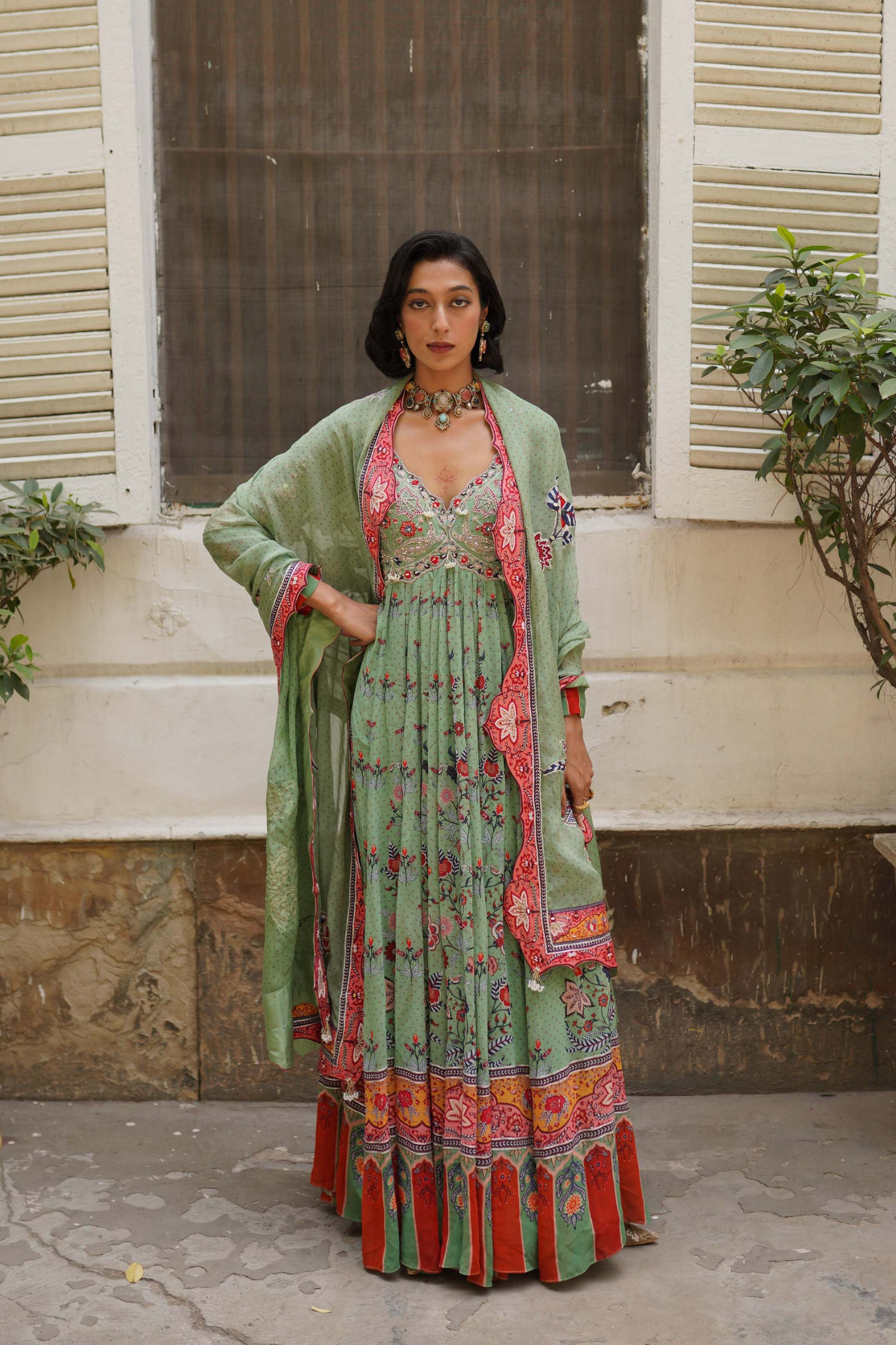 Pista green floral anarkali set