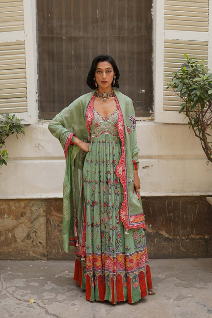 Pista green floral anarkali set
