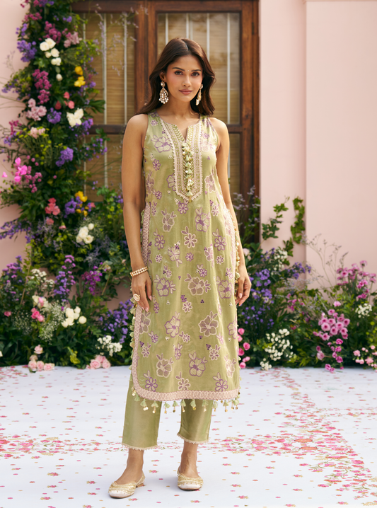 Gulkar Tissue Light Green Kurta Set