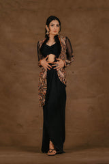 Women's Embroidered Black Sleeved Jacket Set