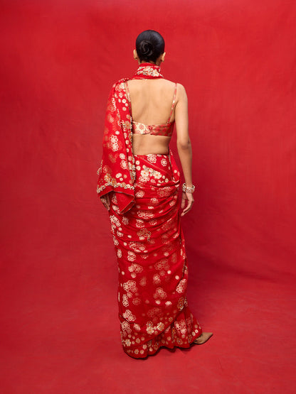 Handwoven Red Chiffon Banarasi Saree