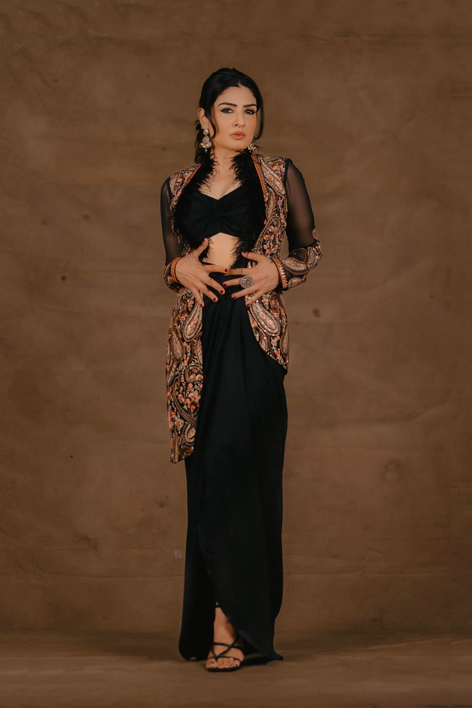 Women's Embroidered Black Sleeved Jacket Set