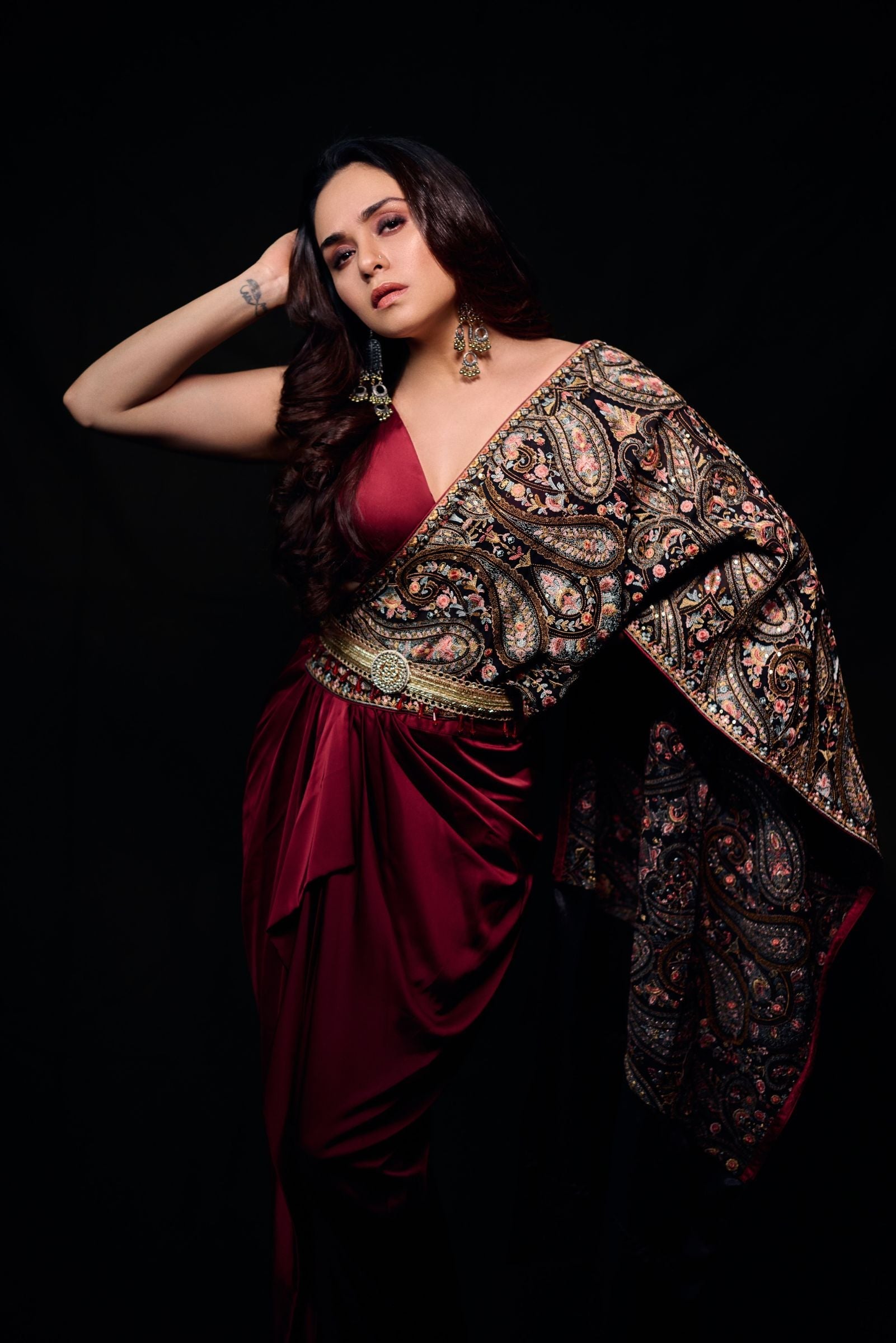 Women's Wine Kashida Embroidered Draped Saree