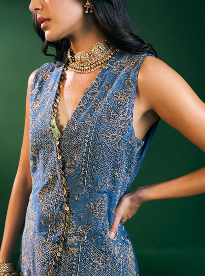 Lunira Denim Waistcoat With Cupro Satin Printed Sage Green Draped Skirt