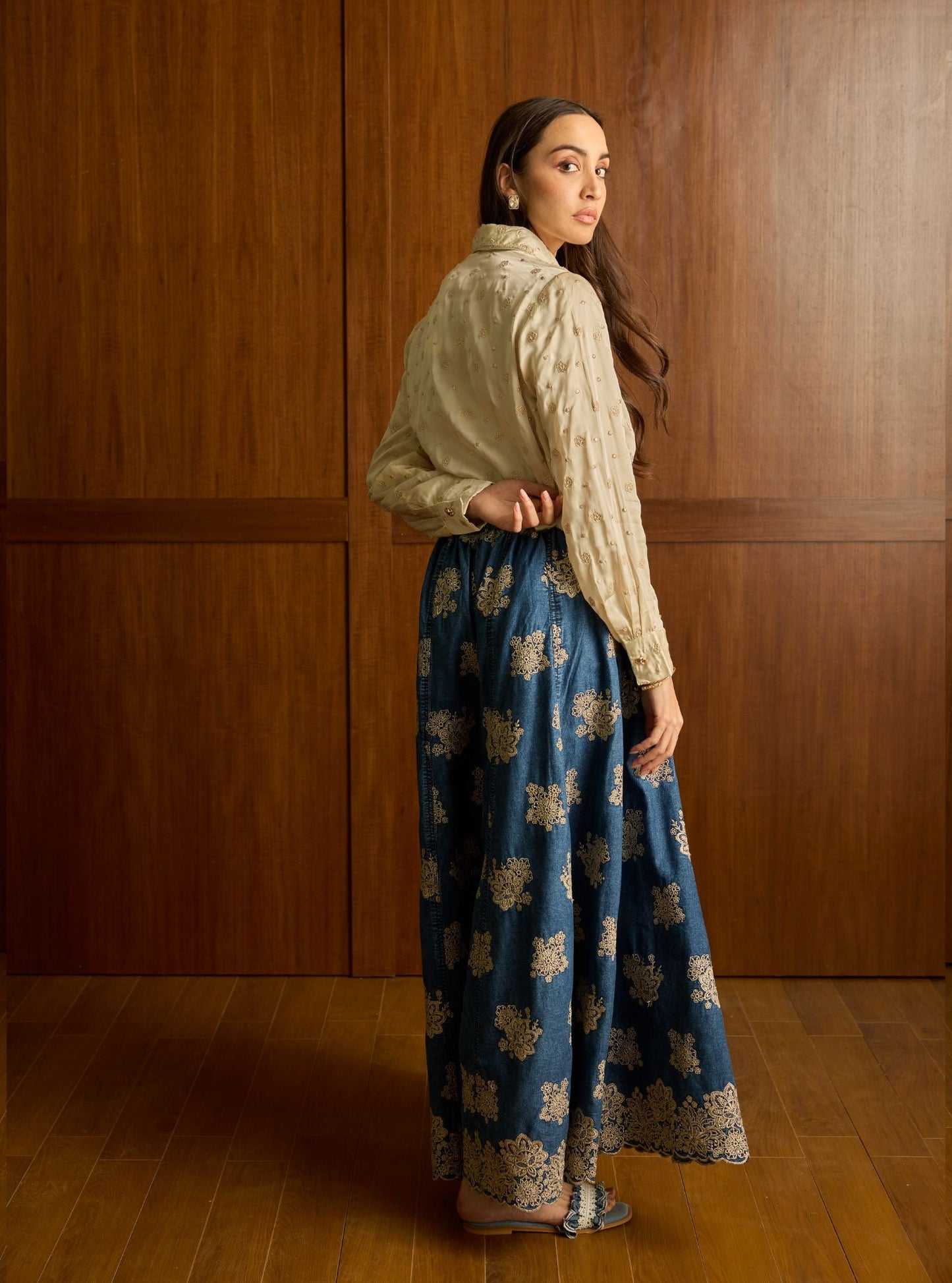 Mireya Cupro Satin Denim Sharara Set