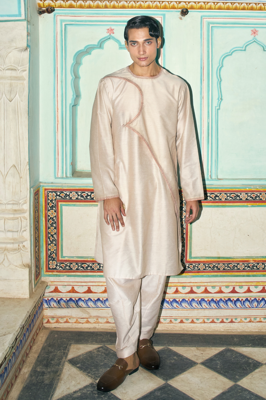 Khaki cotton-silk angrakha with a salwar style