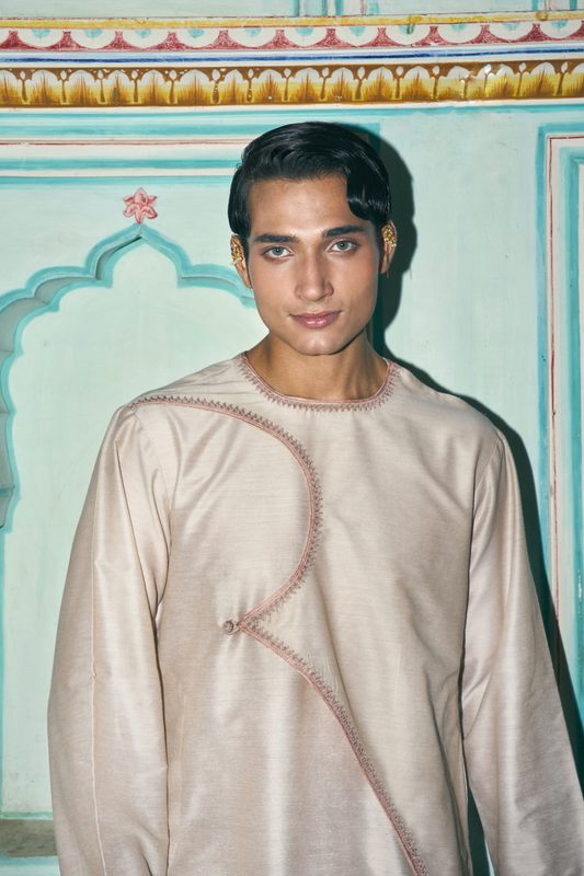 Khaki cotton-silk angrakha with a salwar style