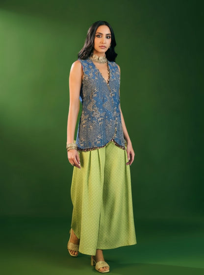 Lunira Denim Waistcoat With Cupro Satin Printed Sage Green Pant