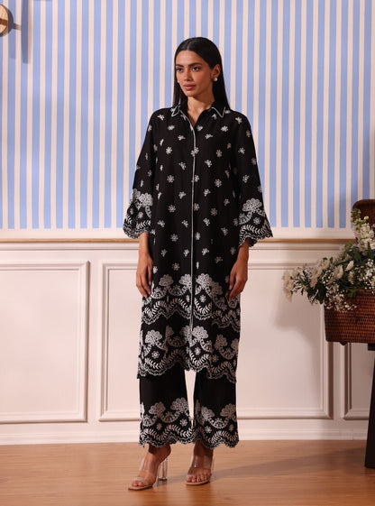 Mulmul Linen Odin Black Kurta With Mulmul Linen Odin Black Pant