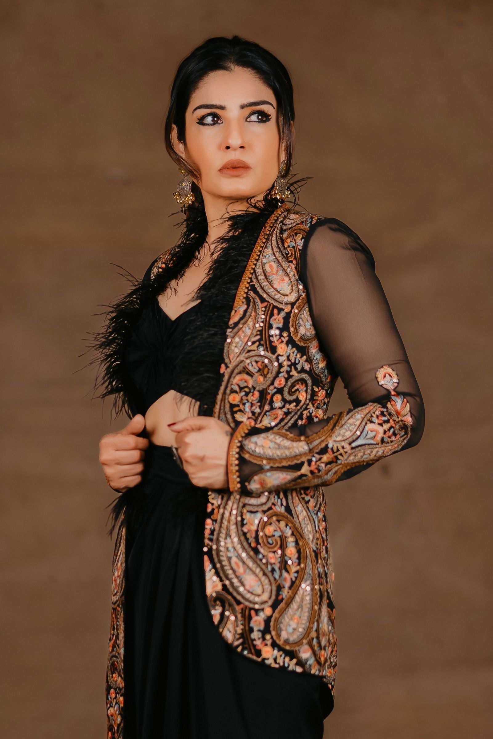 Women's Embroidered Black Sleeved Jacket Set sideview