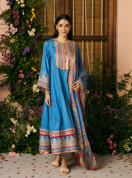 Maitri Pima Satin Steel Blue Kurta Set