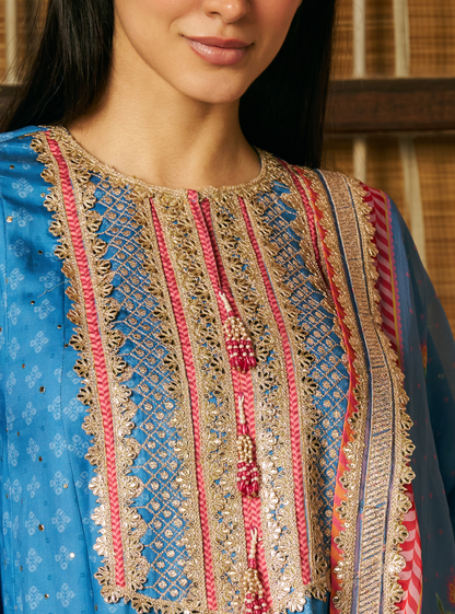 Maitri Pima Satin Steel Blue Kurta Set