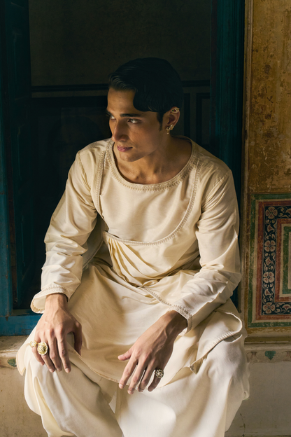 Beige cotton-silk angrakha with dhoti