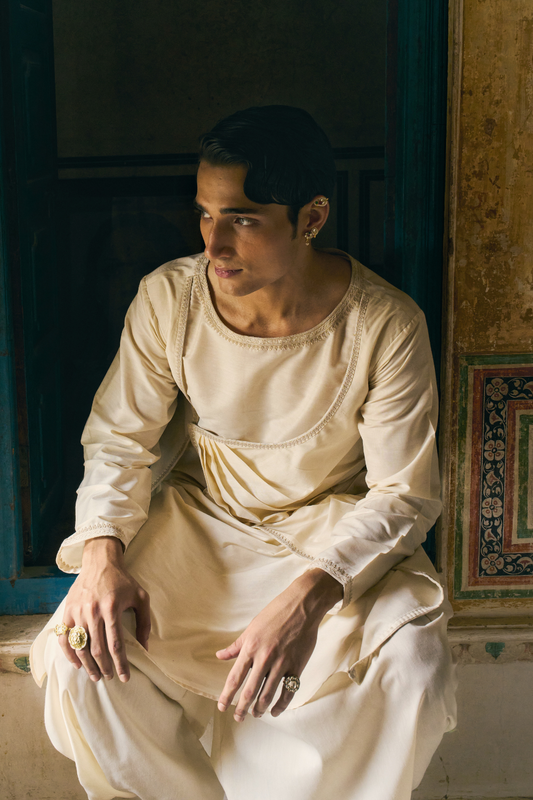 Beige cotton-silk angrakha with dhoti