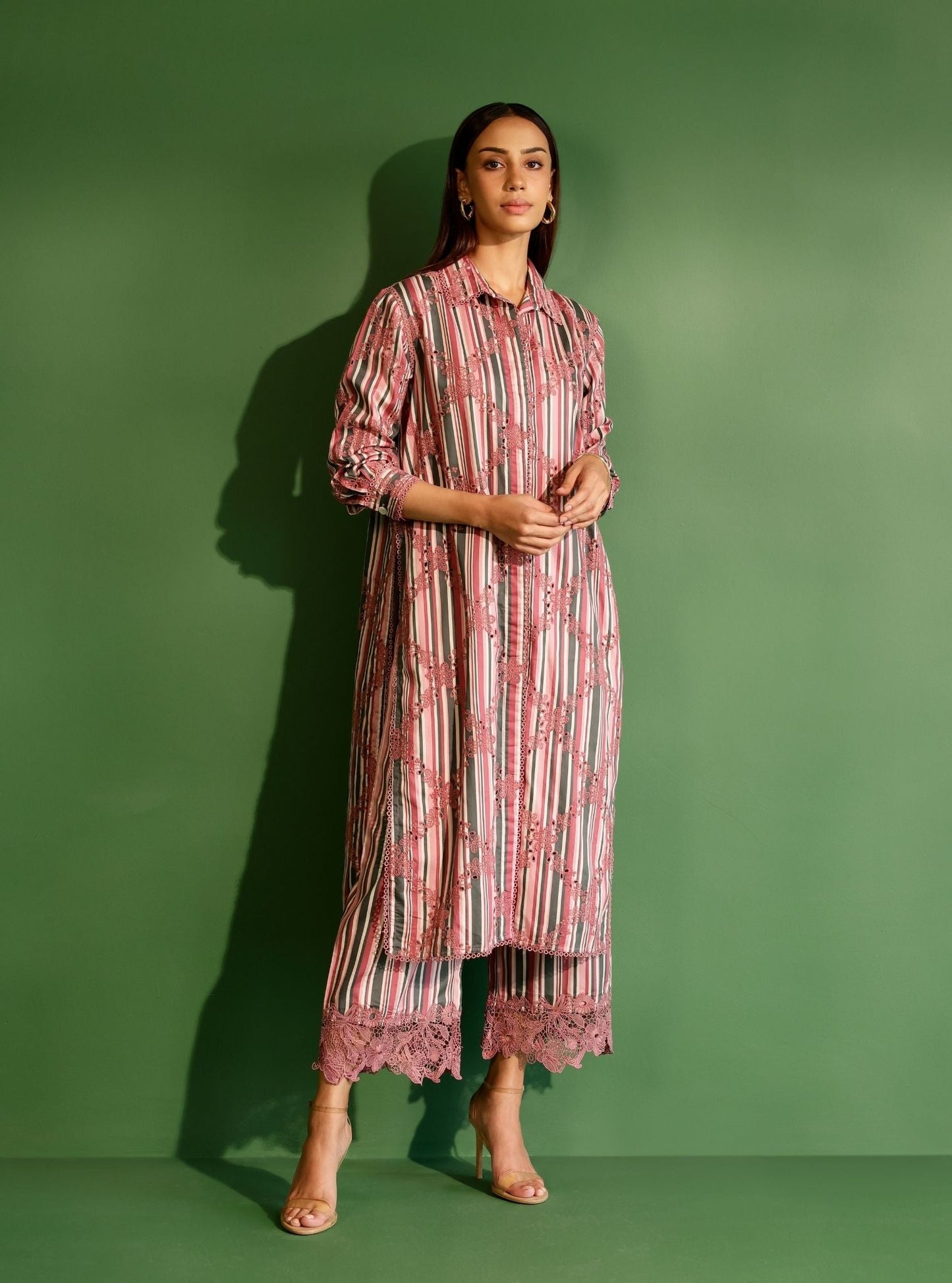 Joy Pima Satin Stripe Wine Kurta Set