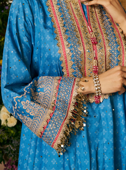 Maitri Pima Satin Steel Blue Kurta Set
